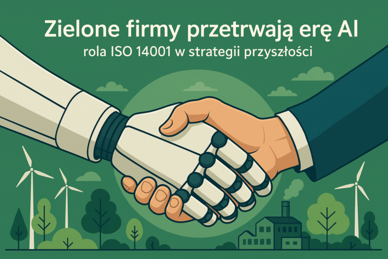 Ilustracja przedstawia uścisk dłoni między człowiekiem a robotem na tle zielonego krajobrazu z turbinami wiatrowymi i fabryką, symbolizująca współpracę technologii i ekologii. Na górze napis: ‘Zielone firmy przetrwają erę AI – rola ISO 14001 w strategii przyszłości’.