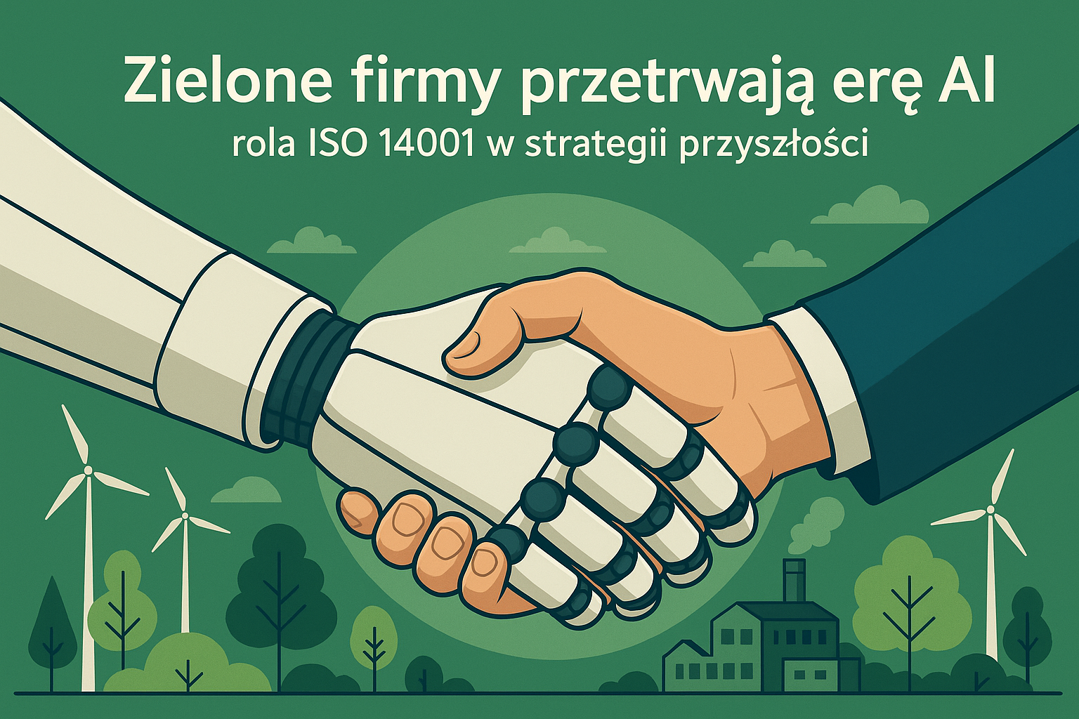 Ilustracja przedstawia uścisk dłoni między człowiekiem a robotem na tle zielonego krajobrazu z turbinami wiatrowymi i fabryką, symbolizująca współpracę technologii i ekologii. Na górze napis: ‘Zielone firmy przetrwają erę AI – rola ISO 14001 w strategii przyszłości’.